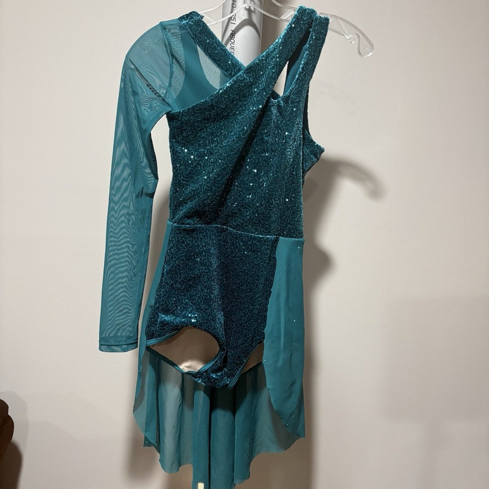 Weissman Dance Costume Teal Sequin Mesh Sleeve Performance Dress Adult Small